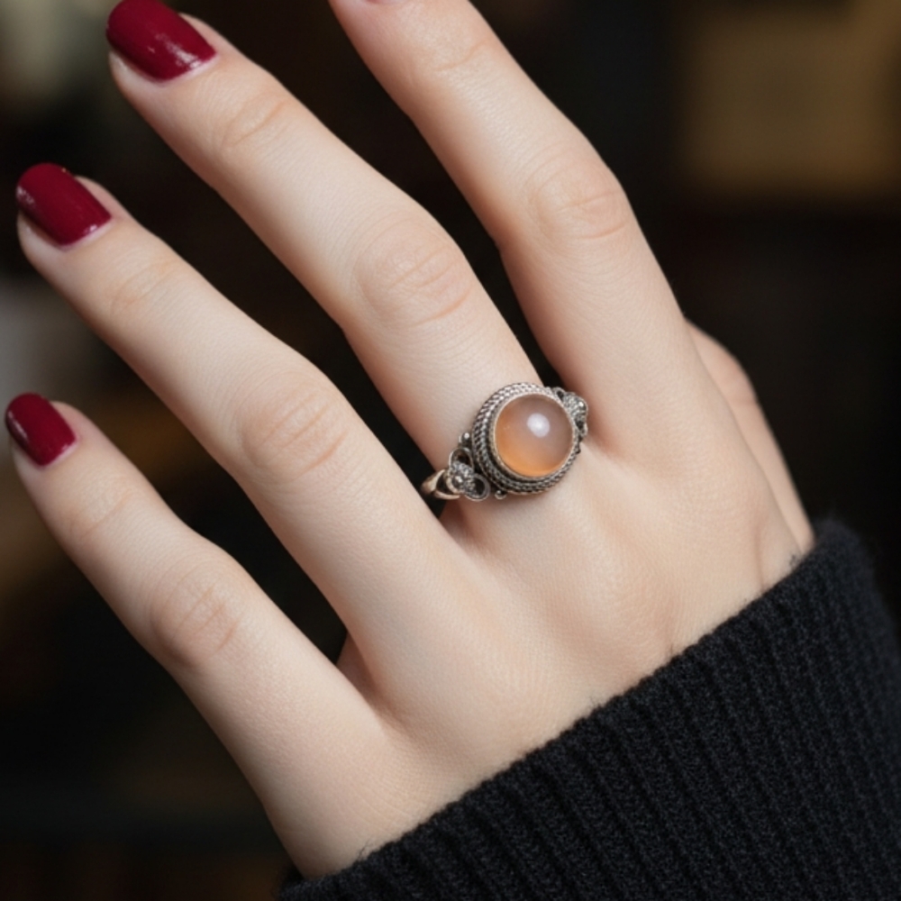 Sterling silver ring with a peach moonstone gemstone.